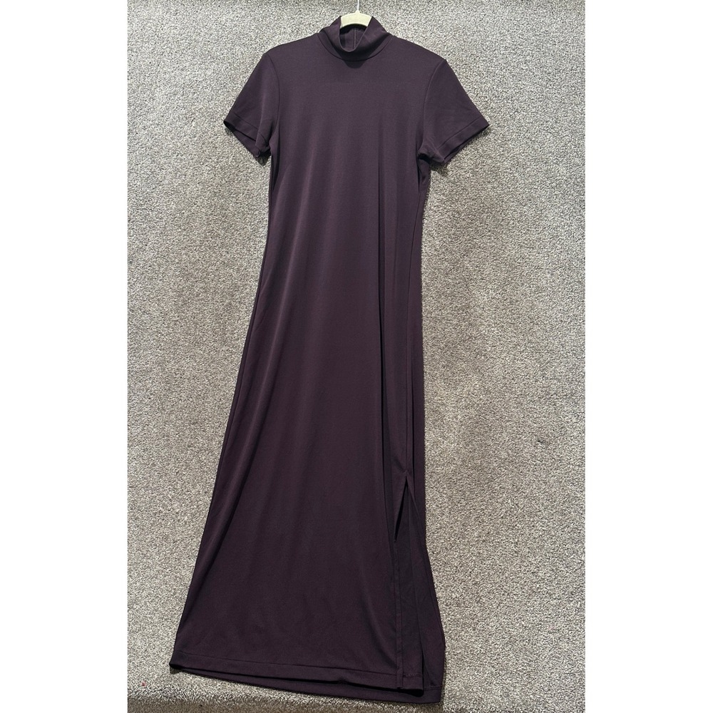 VTG Banana Republic Maxi Dress Medium Plum Purple Mock Neck Short Sleeve Slit
